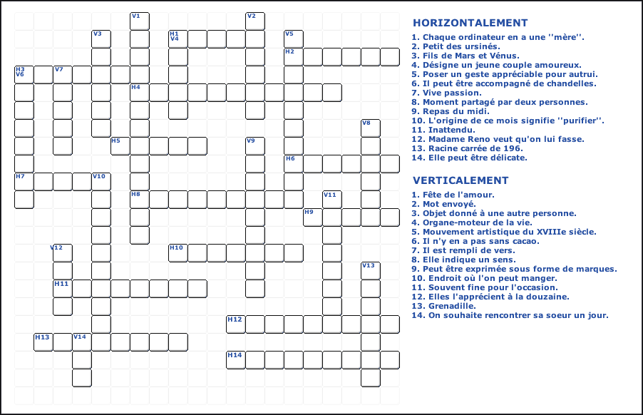 MOTS ENTRECROISÉS (version imprimable) Grille 4 (Spécial StValentin!) MOTS ENTRECROISÉS (version imprimable) Grille 4 (Spécial StValentin!)